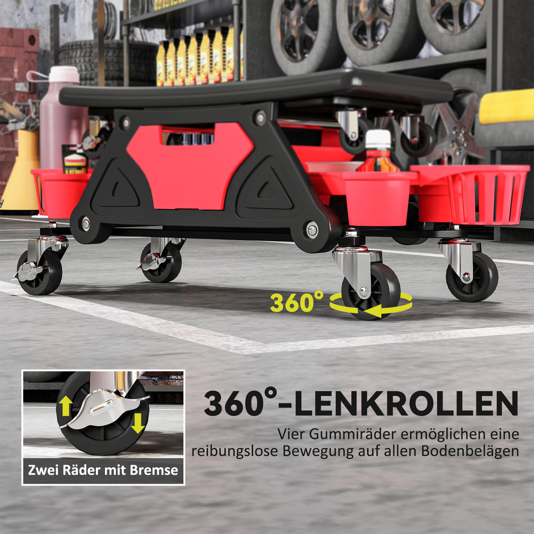 Værkstedsskammel med aftagelige hjul, sæde, opbevaringsplads, 33 cm høj, rulleskammel, lasteevne op til 135 kg, rød