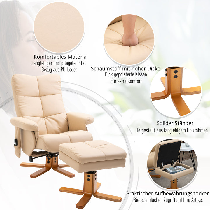 Afslappende stol massagestol med fodskammel opbevaringsplads hvilefunktion tv-stol med massagefunktion tv-stol 145° vipbar polyester cremehvid 80 x 86 x 99 cm