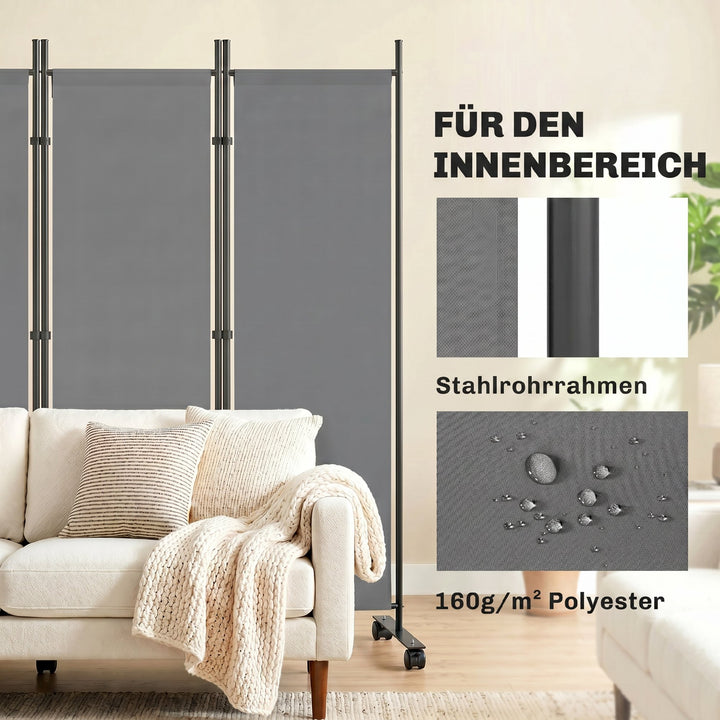 5-panels rumdeler, 252 x 40 cm, fritstående skærm med 12 hjul, foldbar skillevæg, gør-det-selv, mørkegrå