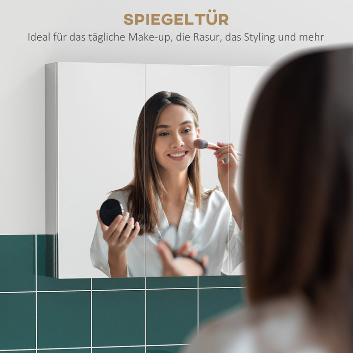 Spejlskab, badeværelsesskab, 3 spejldøre, 5 indvendige hylder, rustfrit stål, farve: sølv, 70 x 12 x 55 cm