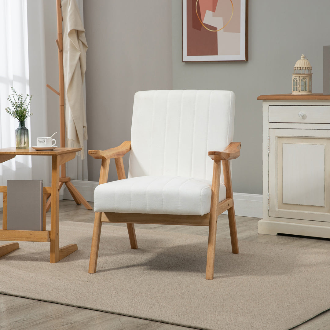 Polstret lænestol i skandinavisk design, fløjlslook, massivt træstel, 68 x 74 x 82 cm, natur + creme