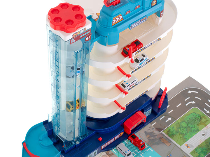 Parkeringshus med 5 etager, elektrisk elevator + måtte + 8 biler