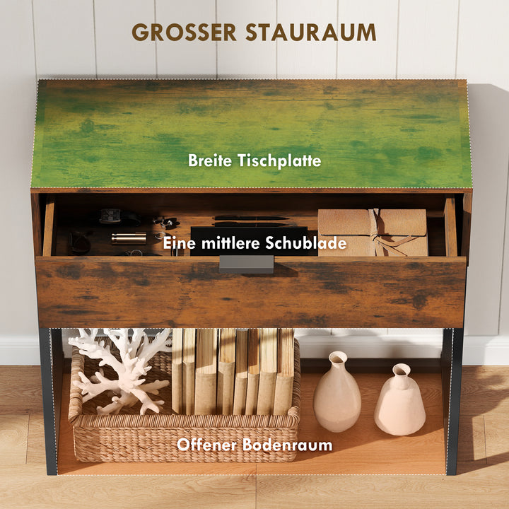 Konsolbord, entrebord med skuffe, industrielt design, til entre eller stue, 80x30x76 cm, sort