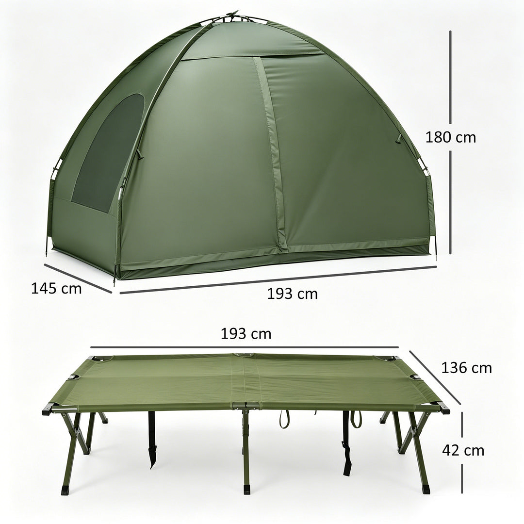 Campingteltsæt til 2 personer med feltseng og luftmadras, grøn