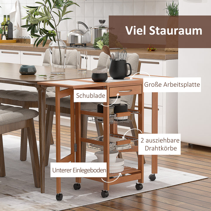 Serveringsvogn, køkkenvogn, to foldbare sideelementer, keramisk top, fyrretræ, 91 x 37 x 75 cm
