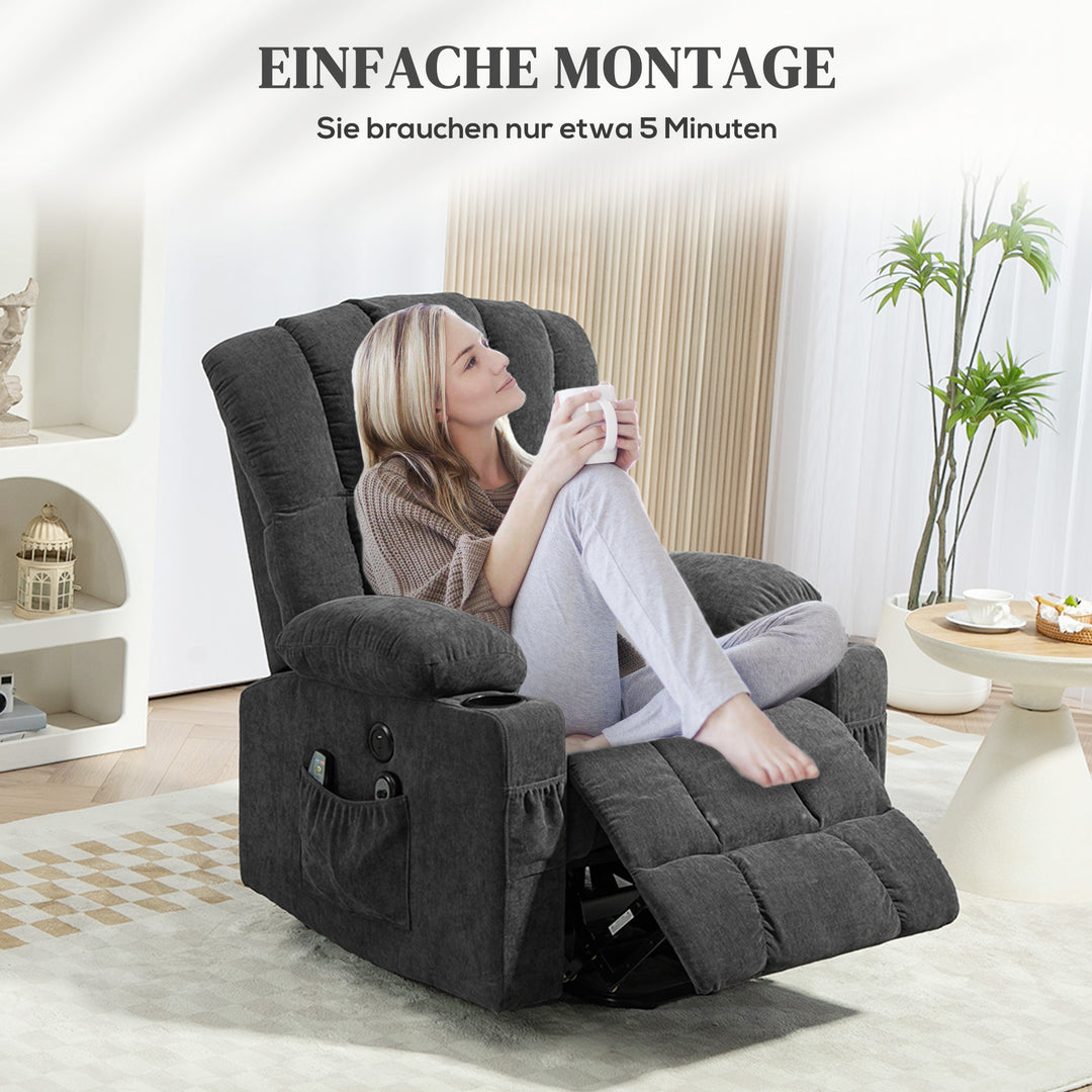 Elektrisk power lift-lænestol med massage- og varmefunktion, usb-porte, kopholdere, mørkegrå