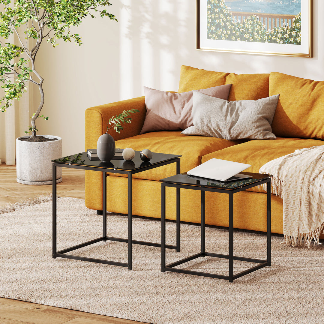 Sæt med 2 sideborde, moderne design, stabelbart, glasbord, sort