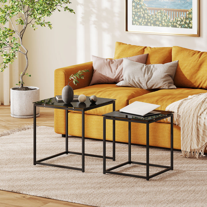 Sæt med 2 sideborde, moderne design, stabelbart, glasbord, sort