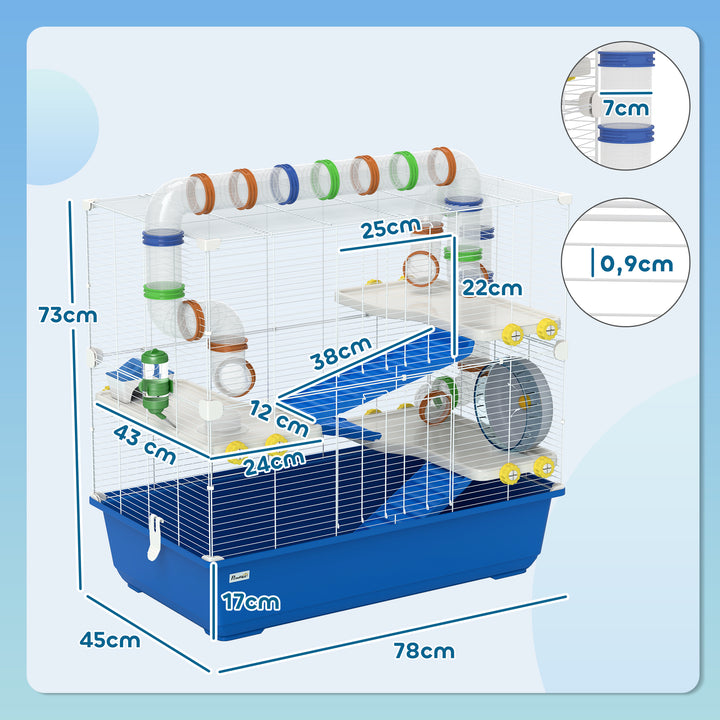 Hamsterbur med 4 niveauer, bur til små dyr med tunnelsystem, hytte, træningshjul, til dværghamstere, 78 x 45 x 73 cm, blå