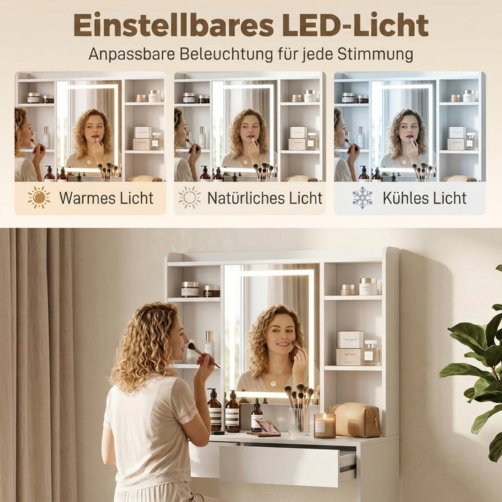 Toiletbord med spejlskab, LED-belysning, 2 skuffer, hvid