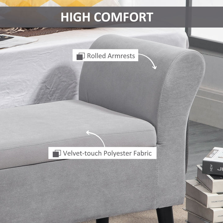 Polstret bænk med opbevaringsplads, kommodebænk med armlæn, 46 cm sædehøjde, fløjlspolyester, 111,5 x 41 x 65 cm, lysegrå