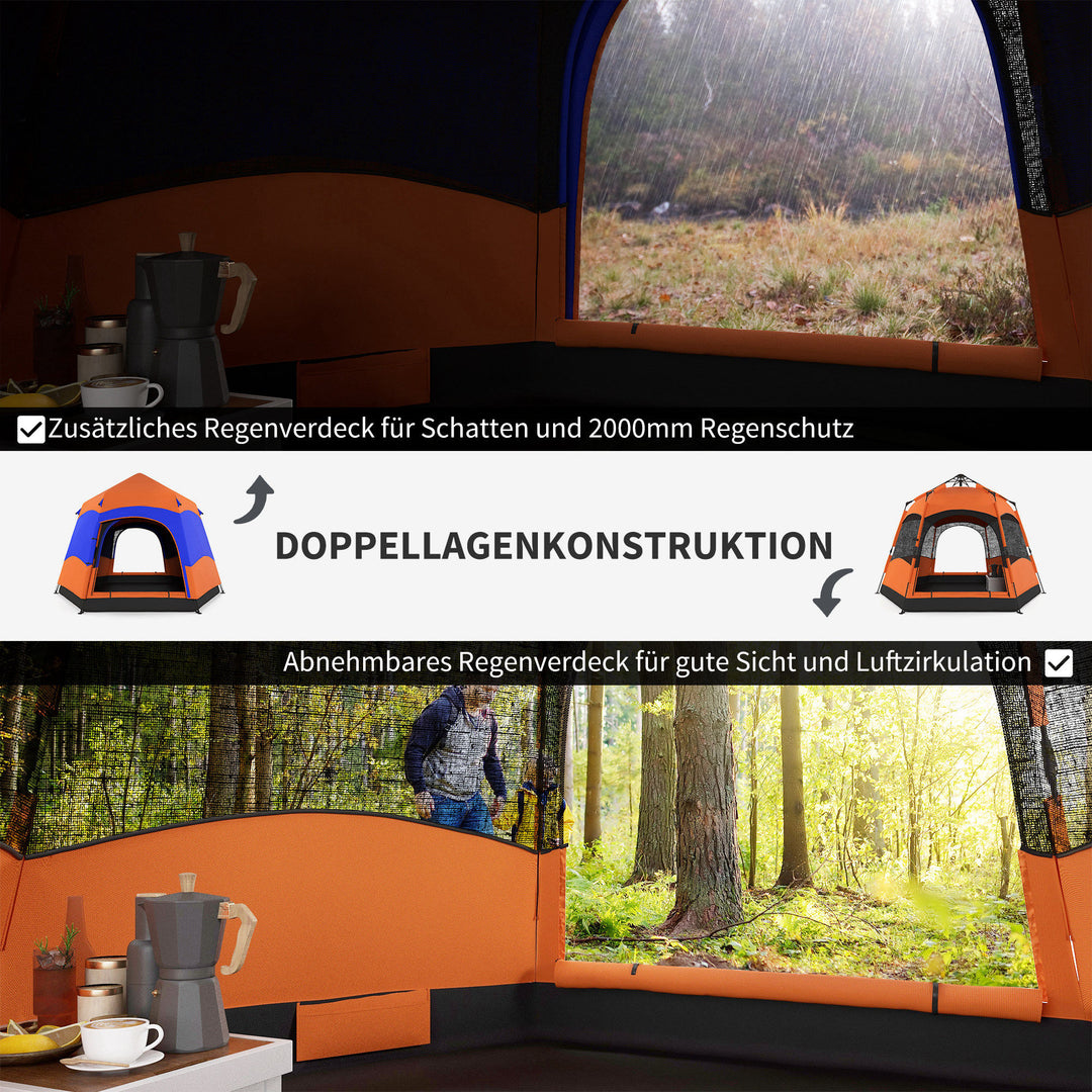 Dobbeltlags pop-up-telt med rainfly, udendørs familietelt til 4 personer, vandtæt sekskantet 4-sæsoners kuppeltelt med bund, 2 døre, myggenet, bæretaske, orange