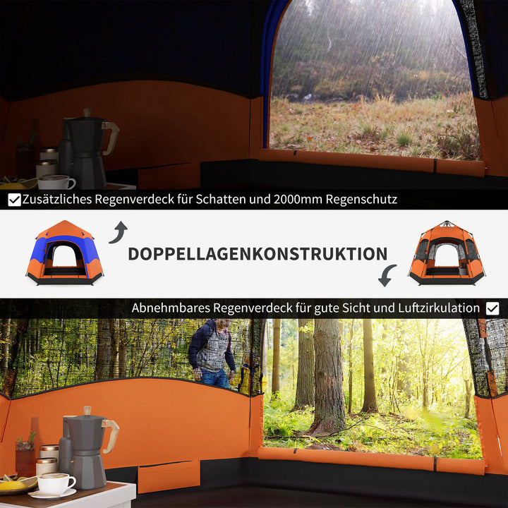 Dobbeltlags pop-up-telt med rainfly, udendørs familietelt til 4 personer, vandtæt sekskantet 4-sæsoners kuppeltelt med bund, 2 døre, myggenet, bæretaske, orange