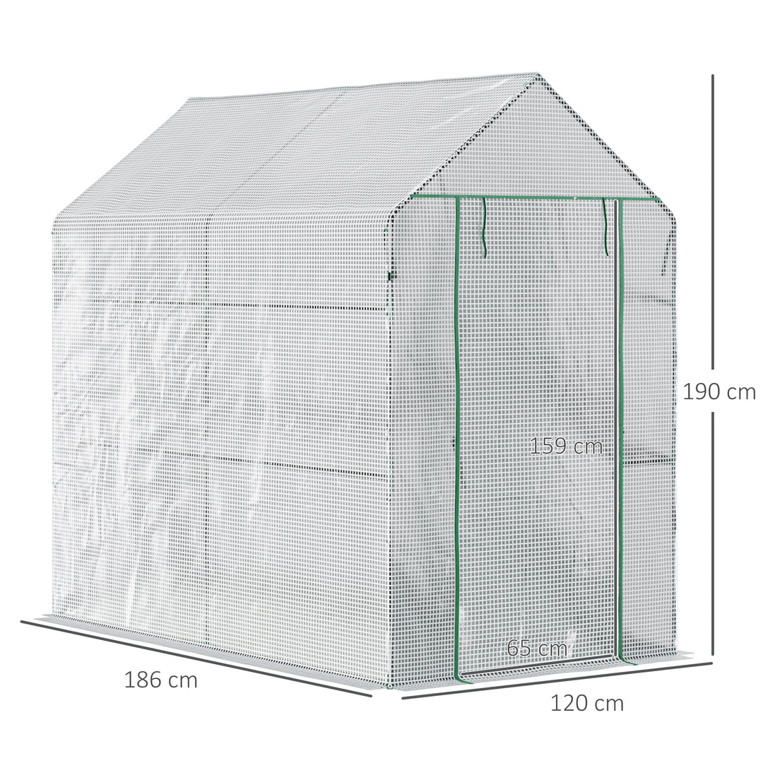 Walk-in polytunnel drivhus med 4 hylder, tomatdrivhus, drivhus, kold ramme med dør, grøn, stål, PE, 120 x 186 x 190 cm