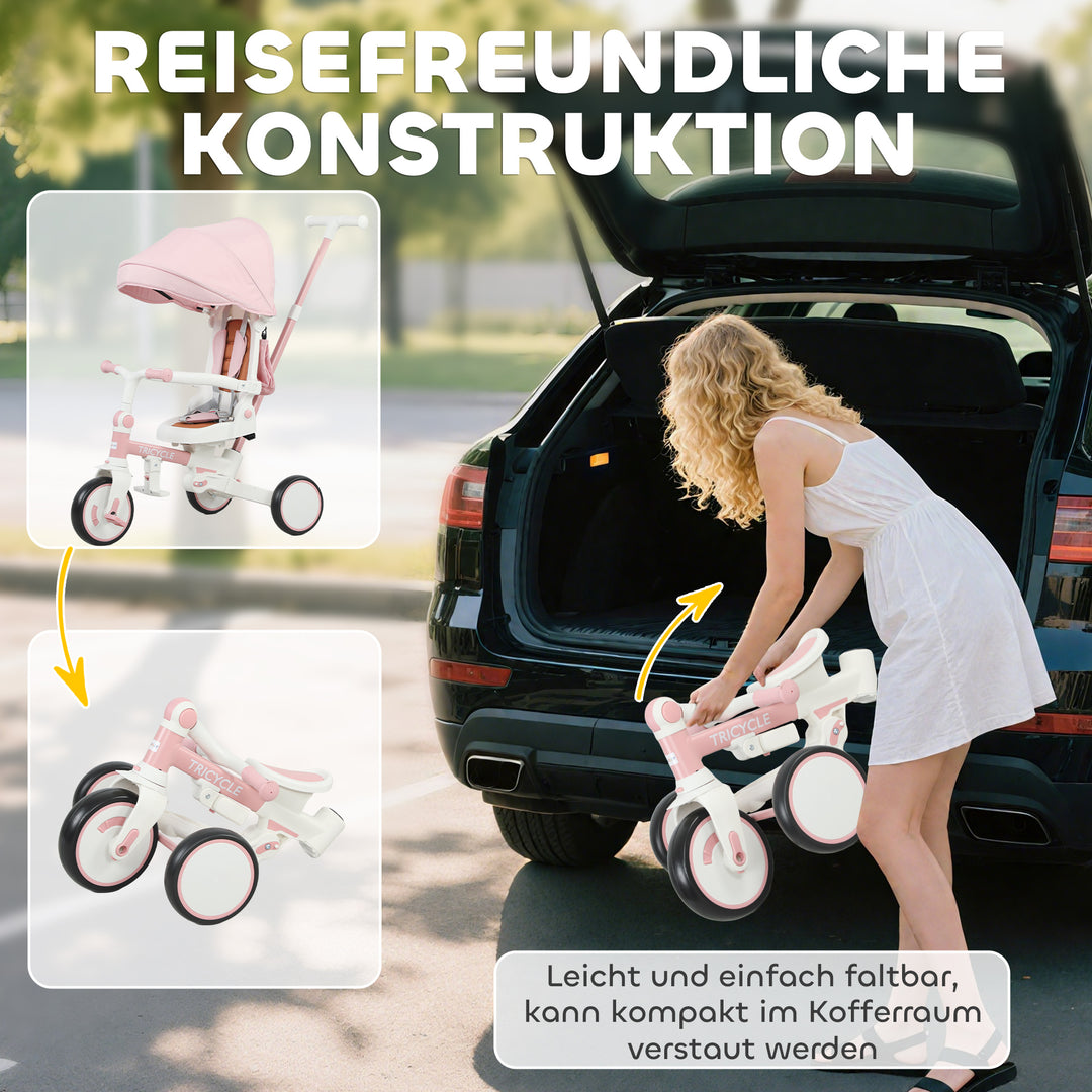 Børnetrecykel, konvertibel babyvogn, 5-i-1 design, aftageligt skubbehåndtag, justerbar, sikkerhedssele, opbevaringstaske, 1-3 år, pink