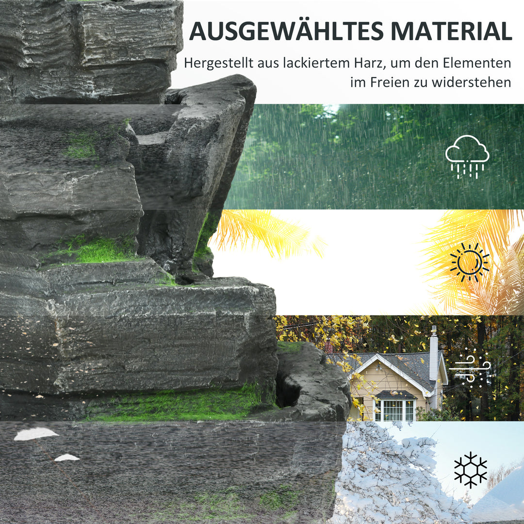 Havefontæne, stenlook, 4-lags, soldrevet, led'er, 57 cm højde, harpiks, grå/brun