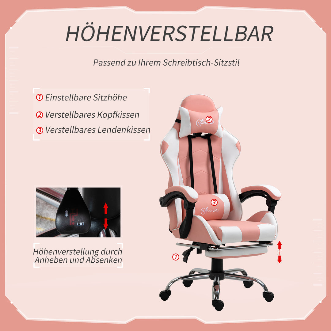 Gaming chair computerstol ergonomisk kontorstol gamerstol med nakkestøtte lændehynde kontorstol højdejusterbar 360° drejelig skum kunstlæder pvc pink+hvid 64 x 67 x 119-127 cm