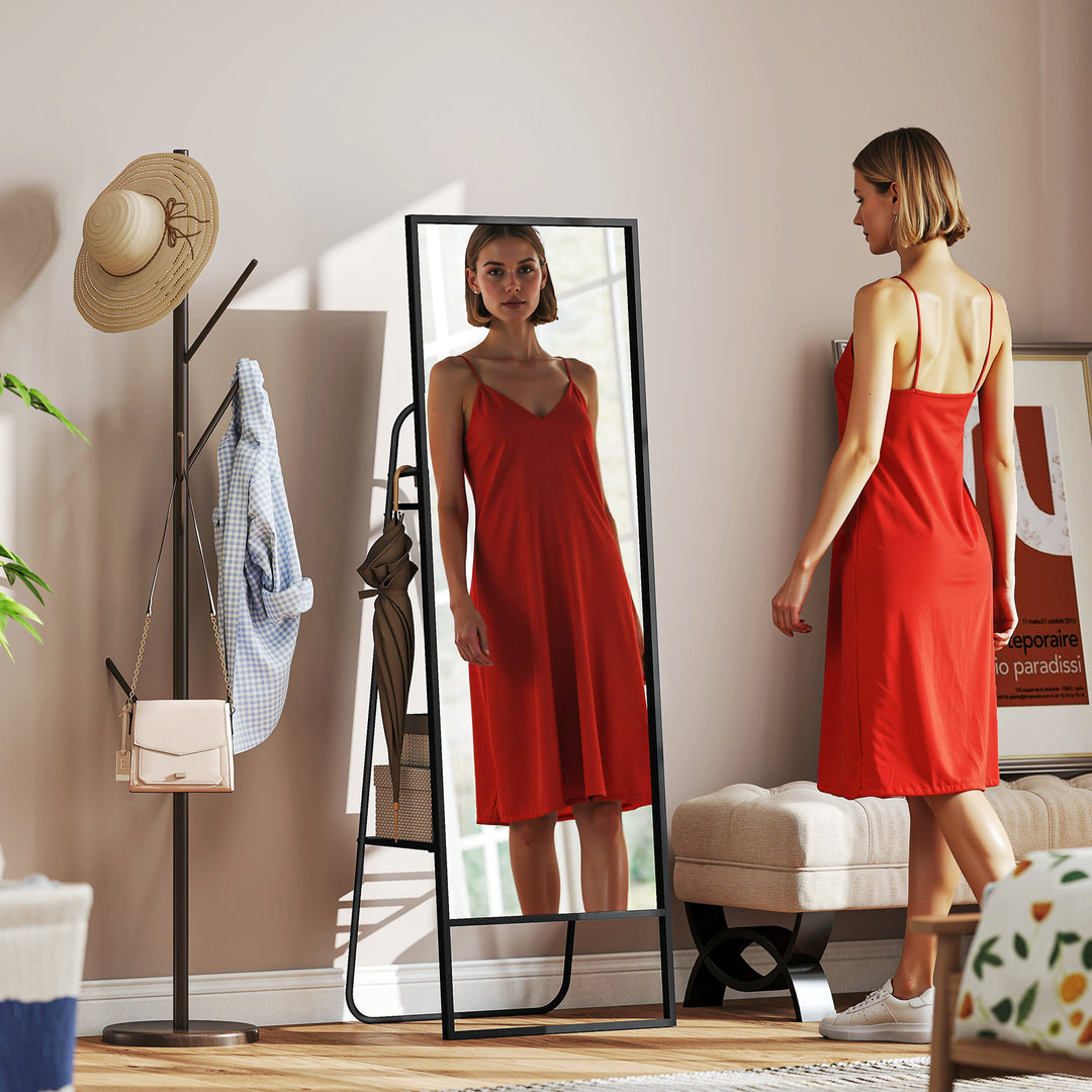 Helfigursspejl, industridesign, baghylde, 2 knager, metalramme, til soveværelse, 157 x 50 cm, sort