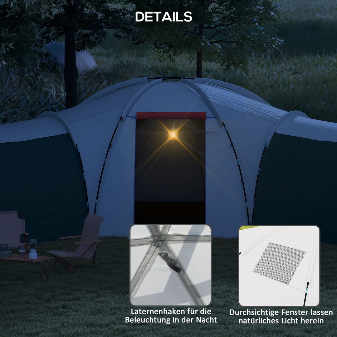 Campingtelt til 6-9 personer, 4 værelser, markise, vandtæt, 615 x 615 x 225 cm, grøn