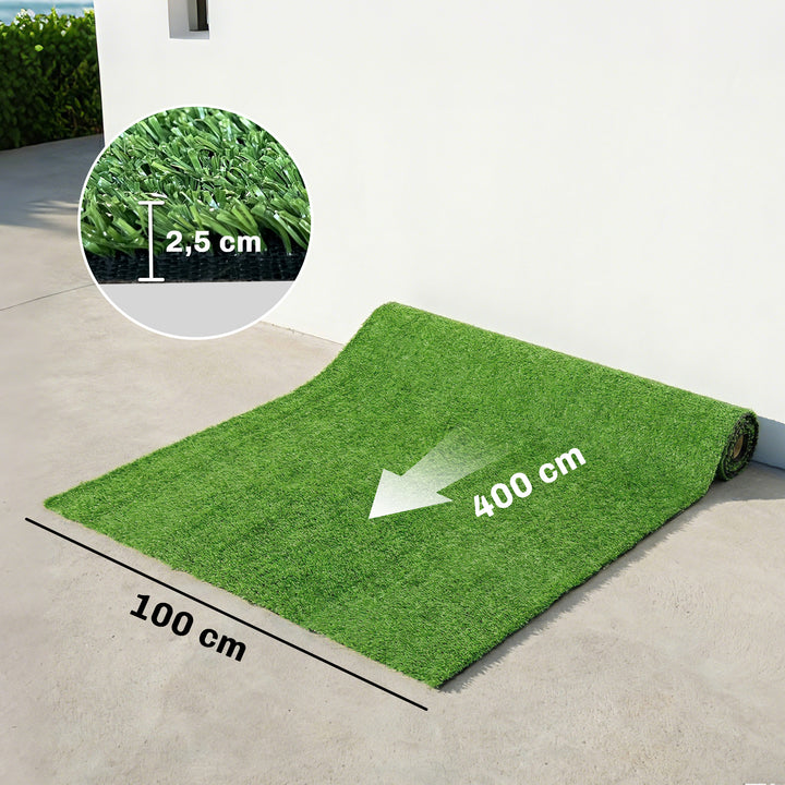 Kunstgræs 100x400cm selvdrænende udendørs tæppe med 10 mm luvhøjde grøn
