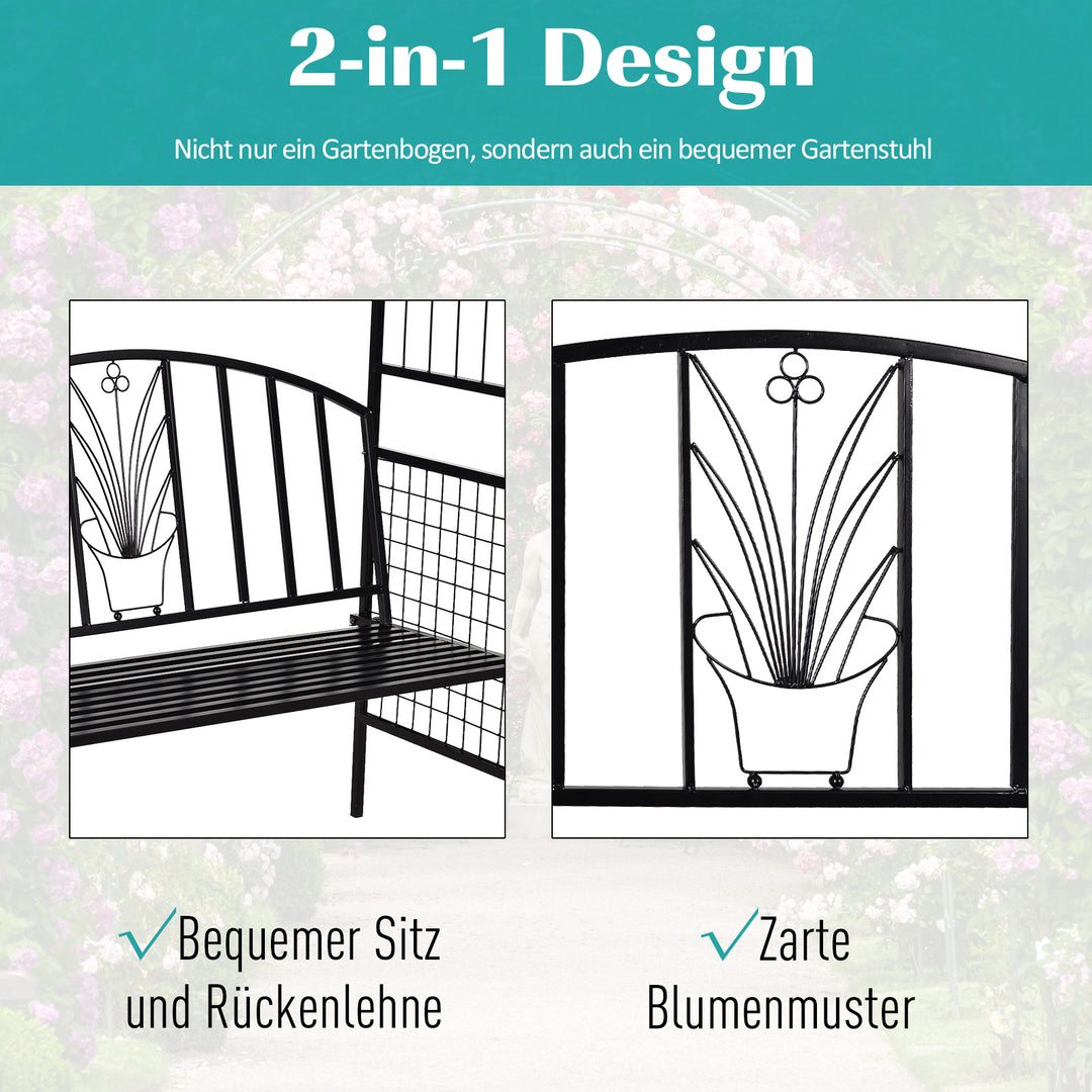 Plantebue med bænk, siddebænk, buegang, espalier, klatrehjælp, have, buet tag, metal, sort, 154 x 60 x 205 cm