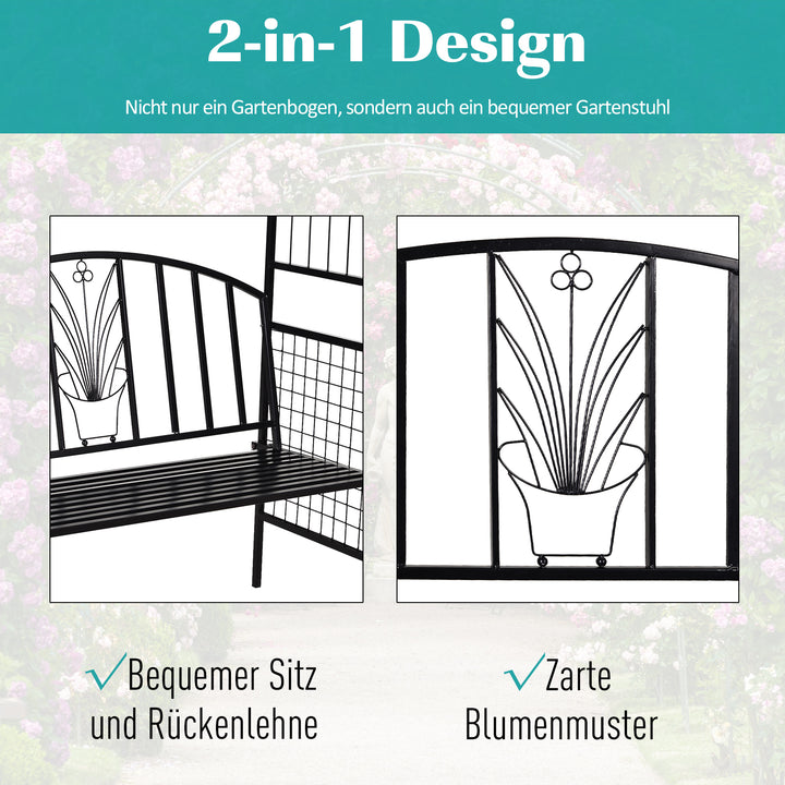 Plantebue med bænk, siddebænk, buegang, espalier, klatrehjælp, have, buet tag, metal, sort, 154 x 60 x 205 cm