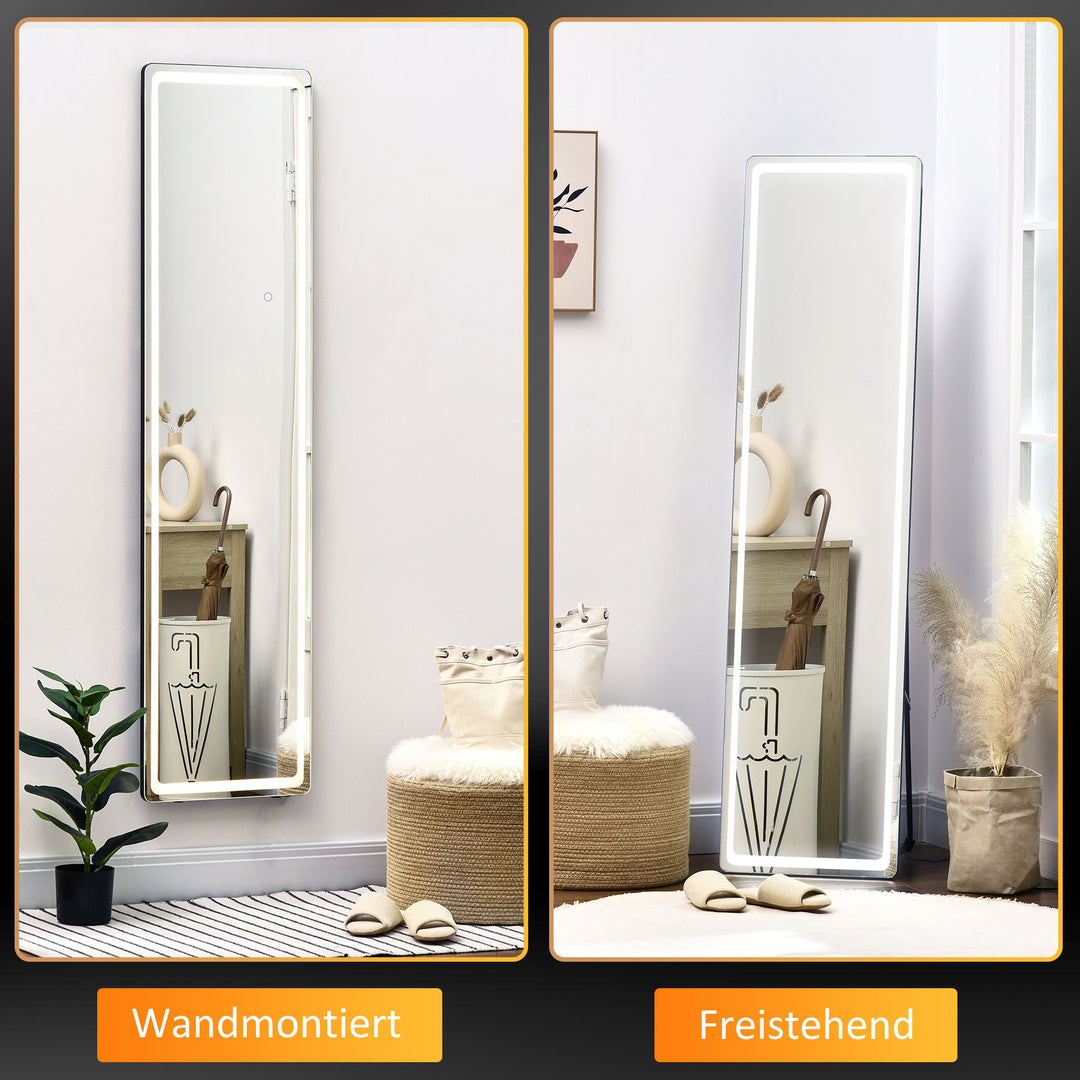 2-I-1 fritstående spejl med led-lys, aluminium, justerbart lys, 40 cm x 37 cm x 157,5 cm