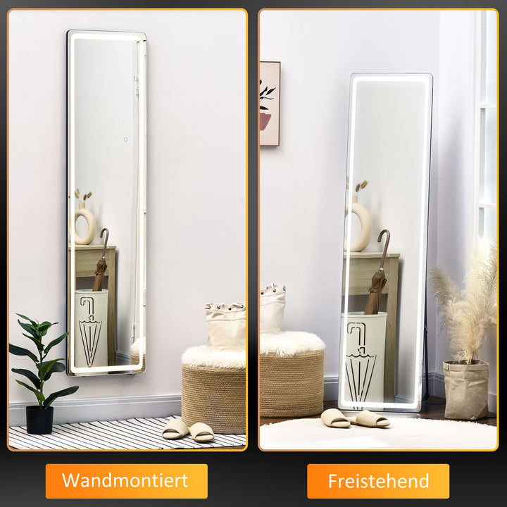 2-I-1 fritstående spejl med led-lys, aluminium, justerbart lys, 40 cm x 37 cm x 157,5 cm