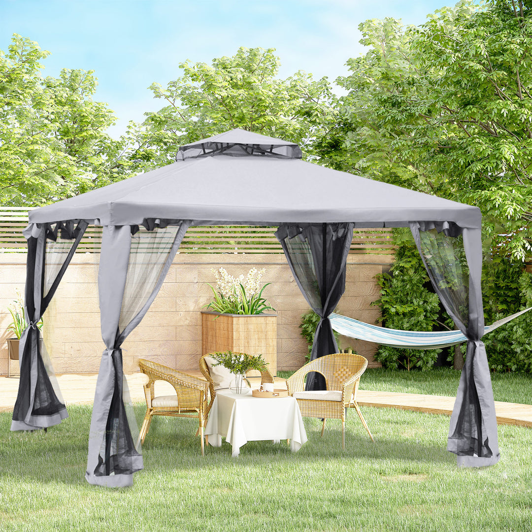 Dobbelttagspavillon, 3x3 m, vandtæt, robust, vintersikker, havepavillon med myggenet og sidepaneler, metal havepavillon til have og terrasse, lysegrå