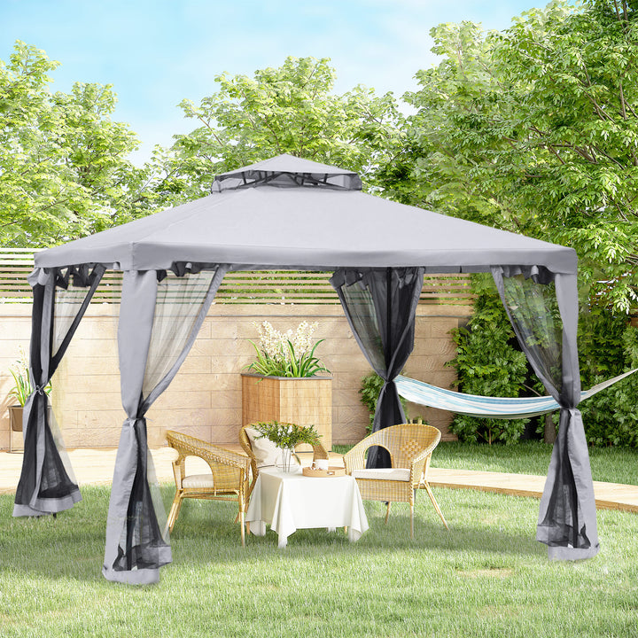Dobbelttagspavillon, 3x3 m, vandtæt, robust, vintersikker, havepavillon med myggenet og sidepaneler, metal havepavillon til have og terrasse, lysegrå