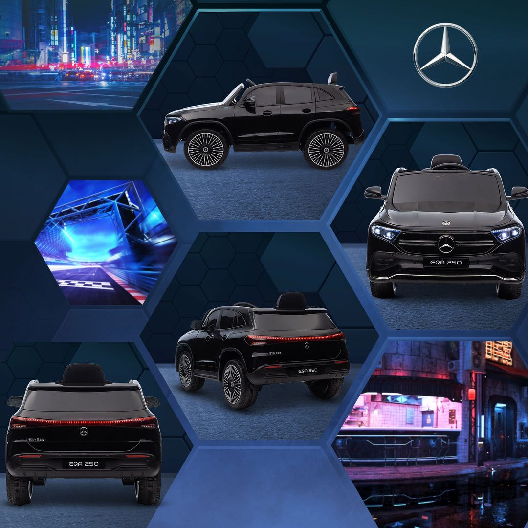 Elektrisk børnebil, mercedes-benz eqa med licens, 3-8 km/t, musik, forlygter, horn, fjernbetjening, sort