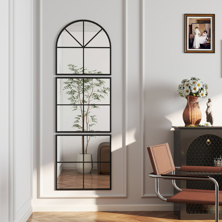 Vægspejl med tredelt buet spejl og metalramme, dekorativt 60 x 2 x 180 cm sort