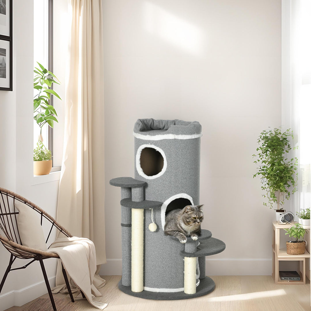 Kradsetræ til katte, 2 kattehuler, 4 hvileområder, 4 kradsetræer, 57 cm x 57 cm x 99 cm, grå + hvid