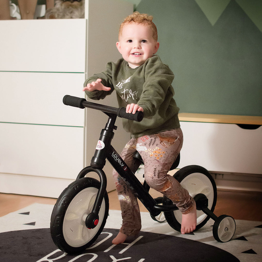 Børnebalancecykel, lærecykel, børnecykel, 2-i-1, børnecykel med støttehjul og pedaler, 2-5 år, sædehøjdejusterbar, pp, sort, 85 x b36 x h54 cm