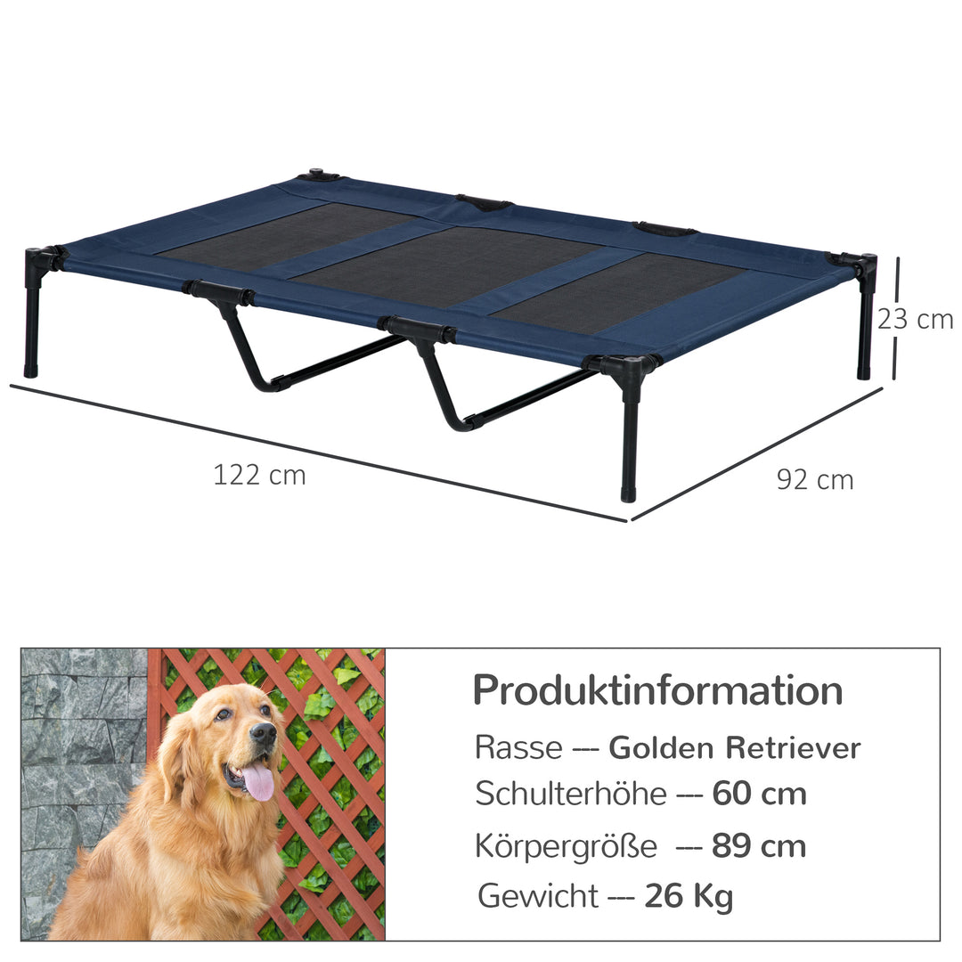 Sammenklappelig hundeseng, udendørs hundeseng, hævet stativ, 122 cm x 92 cm x 23 cm, blå + sort