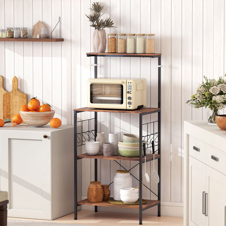 Køkkenhylde, 4-etagers design, bordplade, 8 kroge, metalrør, brun+sort