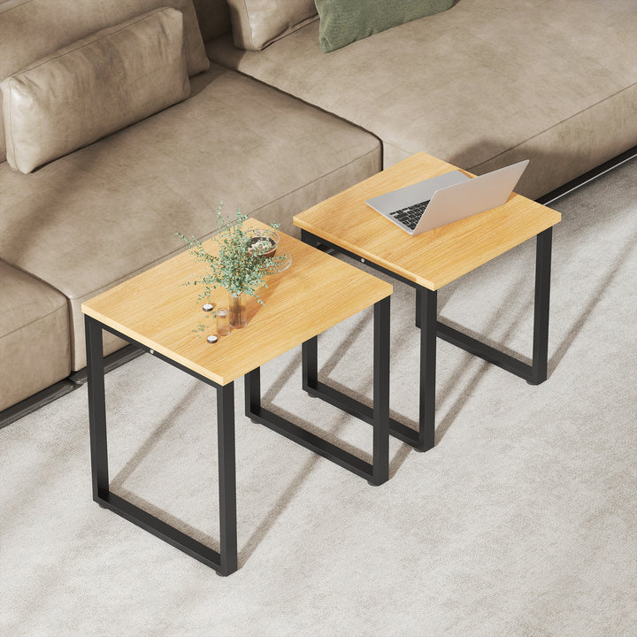 Sofabordsæt med 2, stuebord med metalstel til stuen, naturlig finish