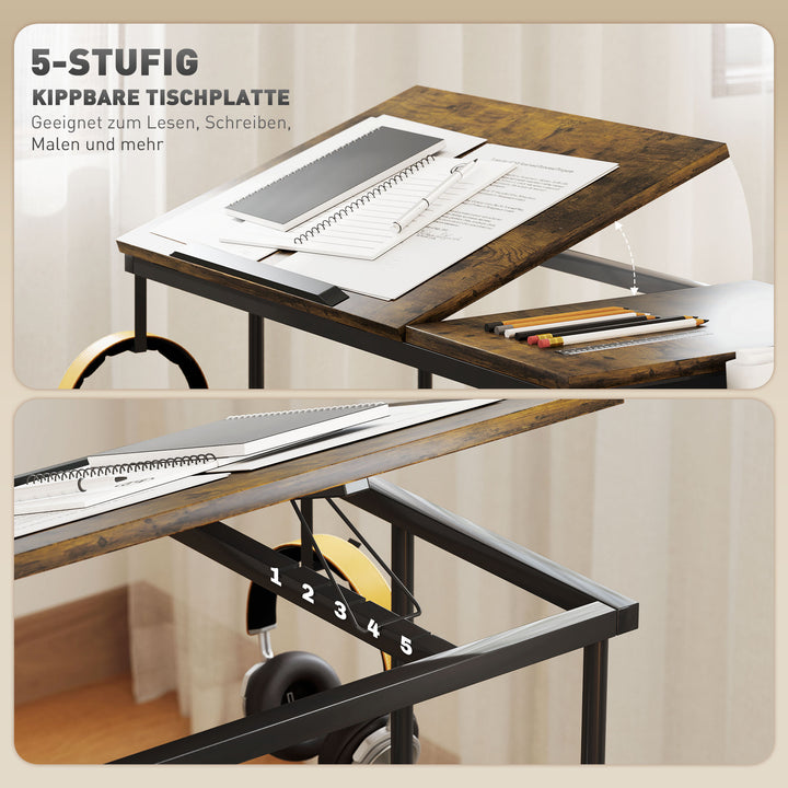 Højdejusterbart hævebord med vipbar bordplade, hjul, opbevaringshylde, til skrivning, læsning, tegning, brun