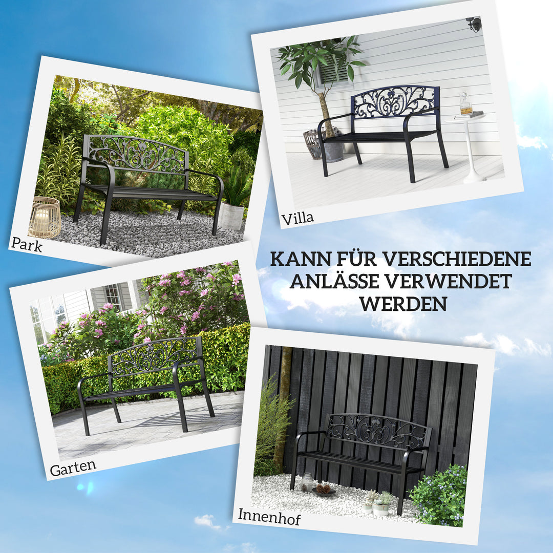 Metalhavebænk, blomsterdesign, 2-personers, 240 kg lasteevne, stål, 127L x 60B x 87H cm, sort