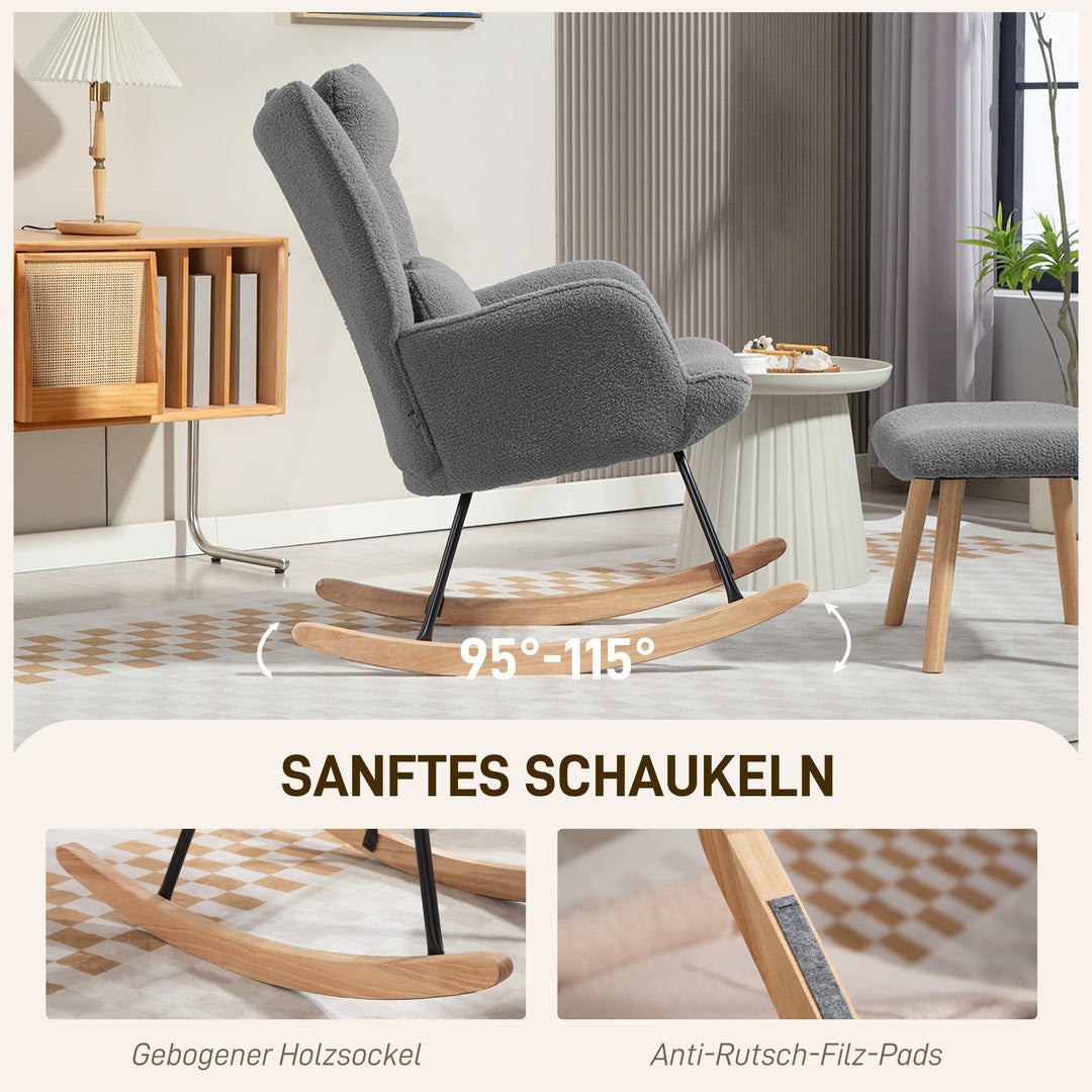 Gyngestol med fodskammel, blødt fleecebetræk, træben, hynde, høj ryg, gyngestol, mørkegrå