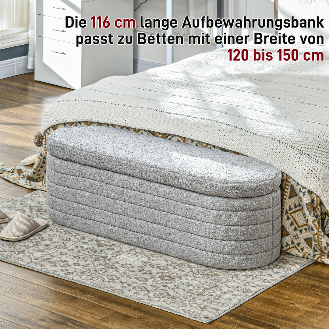 Sengebænk, opbevaringsplads, teddy fleece, 116x41x40,5cm, lysegrå