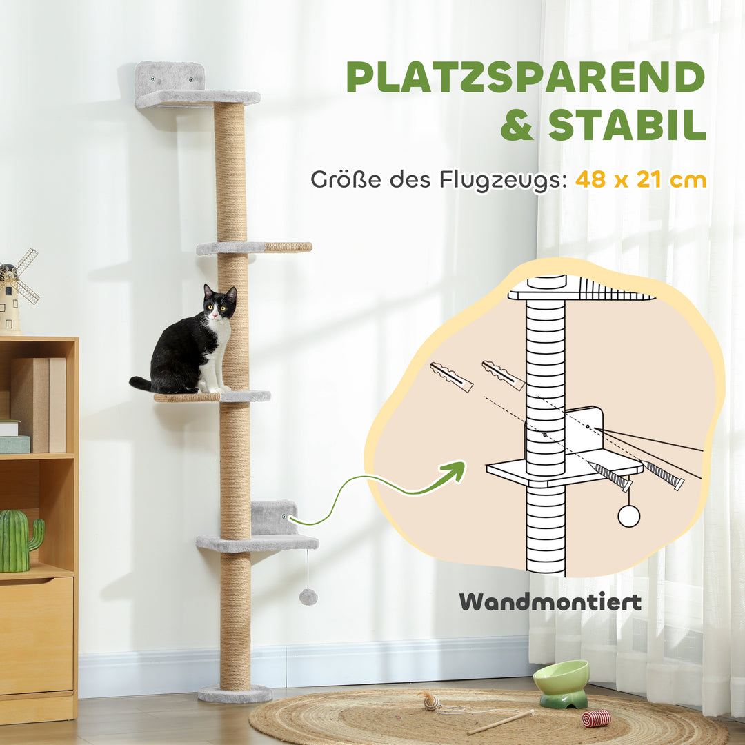Kradsetræ til katte, 5-lags design, legetøj, sisalpæle, plysstof, lysegrå