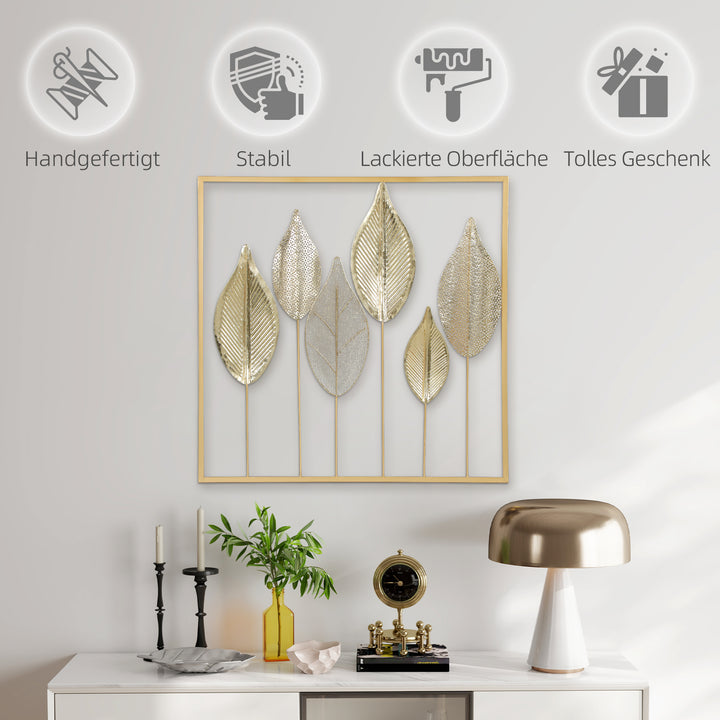 Metalramme med bladdesign, vægdekoration, moderne stil, guldfarvet