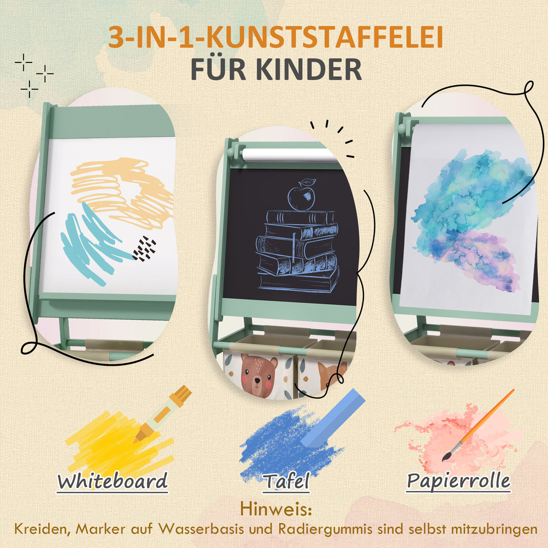 3-i-1 børnestaffeli med papirrulle, tavle, whiteboard, opbevaringskurve, 54 x 46,5 x 93 cm, grøn