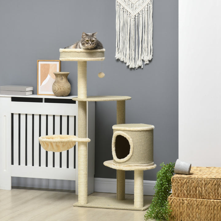 Kradsetræ, 1 katteseng, 1 kattehule, 2 platforme, 124 cm x 59 cm x 40 cm + Beige