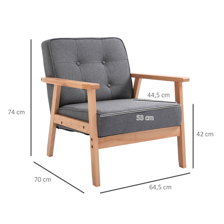 Enkelt sofa loungestol polstret stol med armlæn træstel linned grå 64,5 x 70 x 74 cm