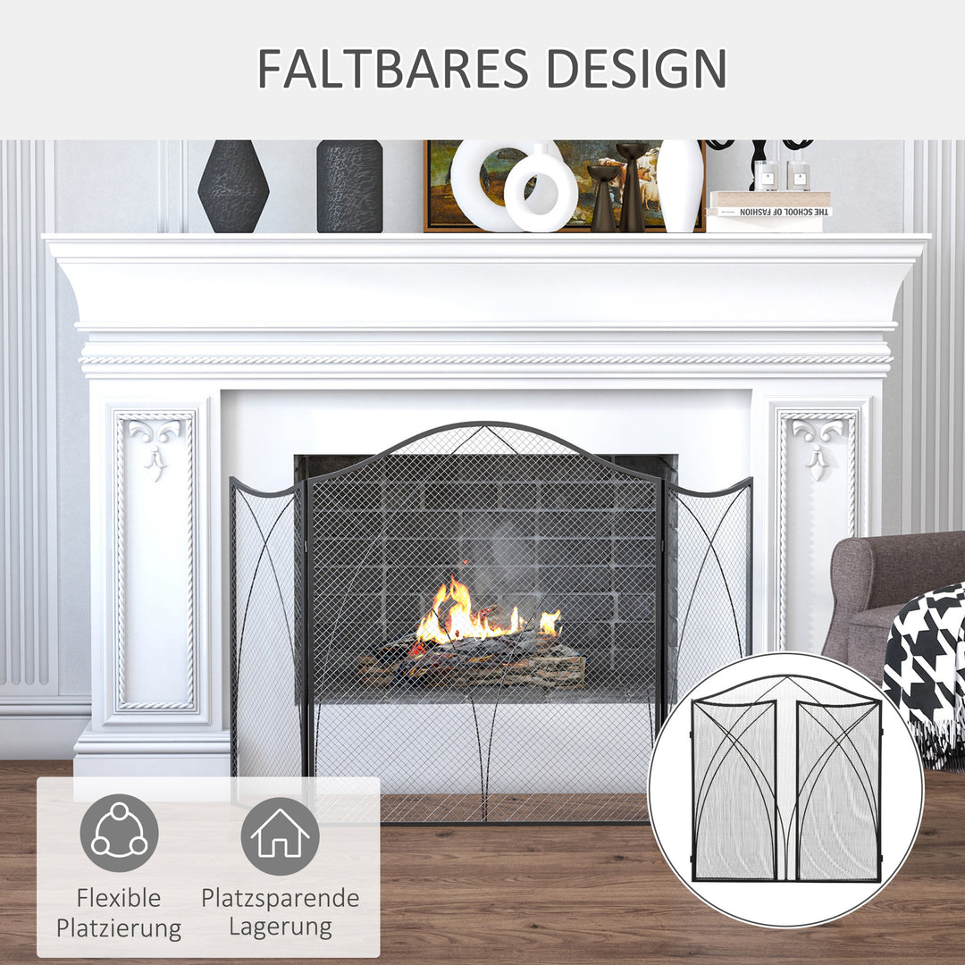 Gnistskærm til pejse, tredobbelt, metalstruktur, belagt, 108 x 2 x 76 cm, sort
