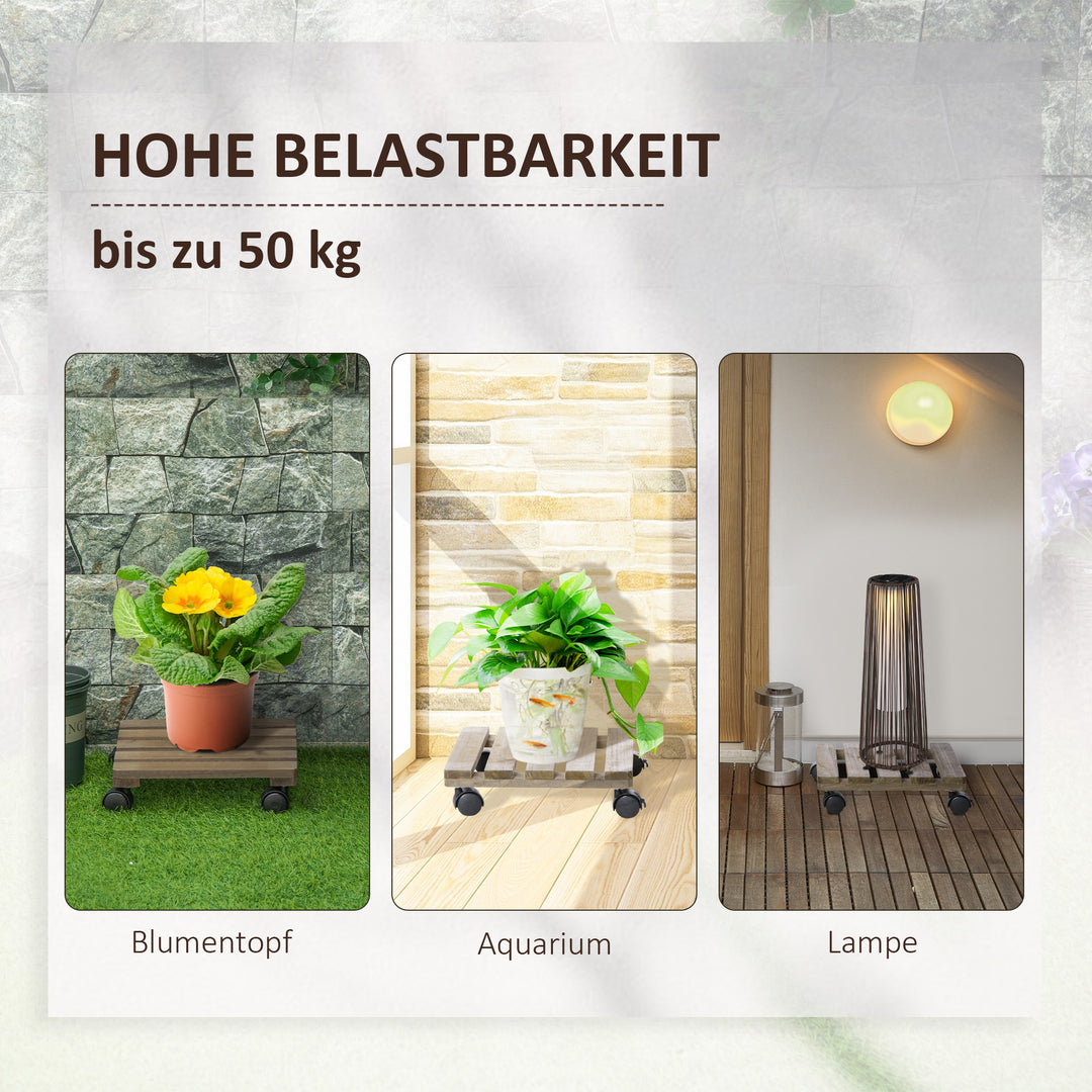 Sæt med 2 rullende plantestativer, massivt træ, 4 hjul med bremser, 30 cm x 30 cm x 7 cm, brun + sort