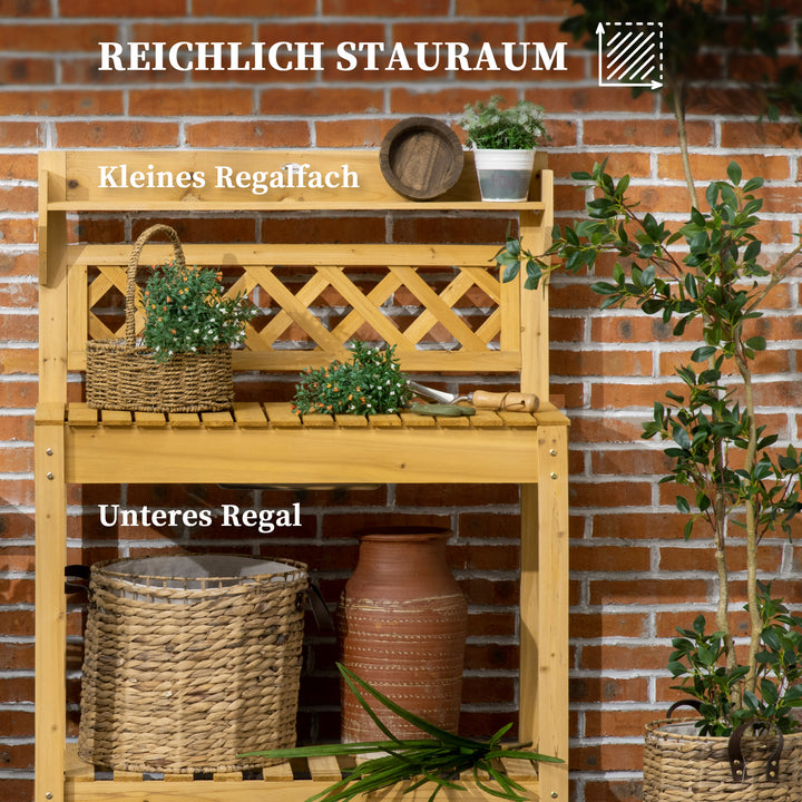 Havearbejdsbord, integreret rustfri stålvask, 2 hylder, massivt træ, brunt, 92 x 45 x 120 cm