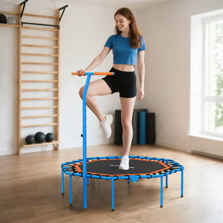 Fitnesstrampolin, træningstrampolin med justerbart håndtag, stabil og støjsvag, til indendørs brug, stål, blå